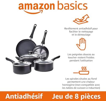 Batterie de Cuisine Antiadhésive 8 Pièces, Noir, Aluminium Léger