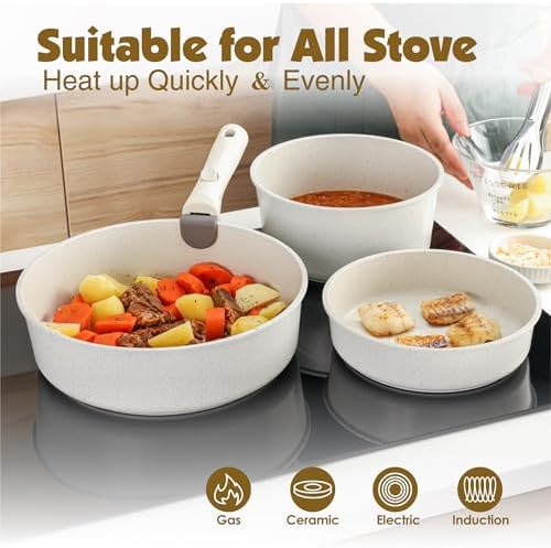 Batterie de Cuisine 17 Pièces Induction avec Poignées Amovibles, Blanc