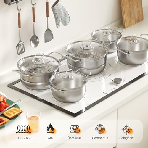 Batterie de Cuisine Induction 12 Pièces, Acier Inoxydable, Argent D