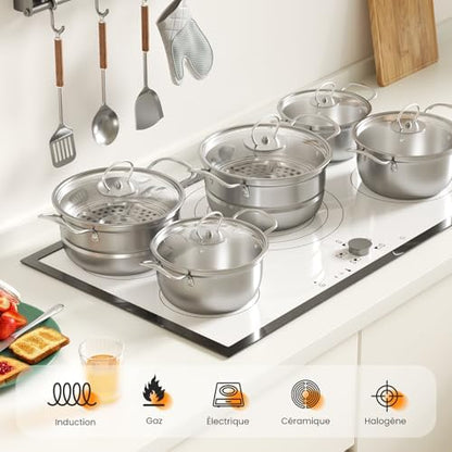 Batterie de Cuisine Induction 12 Pièces, Acier Inoxydable, Argent D