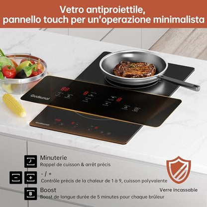 Plaque Induction 2 Feux Encastrable, 3600 W, Noir, 29x52 cm