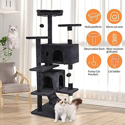 Arbre à Chat Multi-Niveaux 139 cm, Gris Foncé, avec Niches et Plateformes