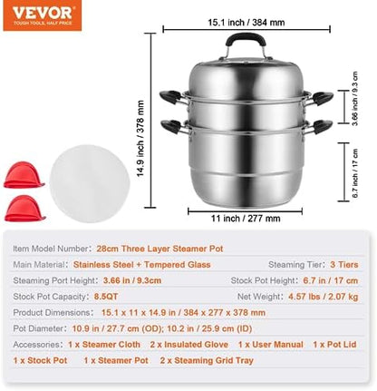 VEVOR Cuiseur Vapeur à Induction, Couscoussier 28 cm, Acier Inoxydable, 8L, Couvercle en Verre