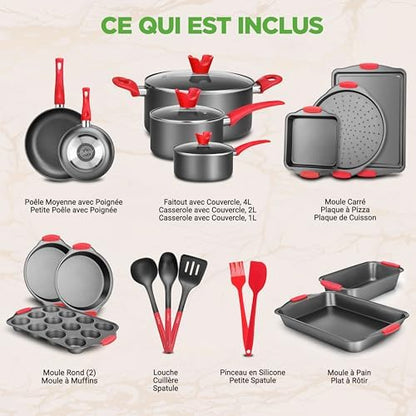 Batterie de Cuisine Antiadhésive 21 Pièces, Revêtement Durable, Poignées Confortables