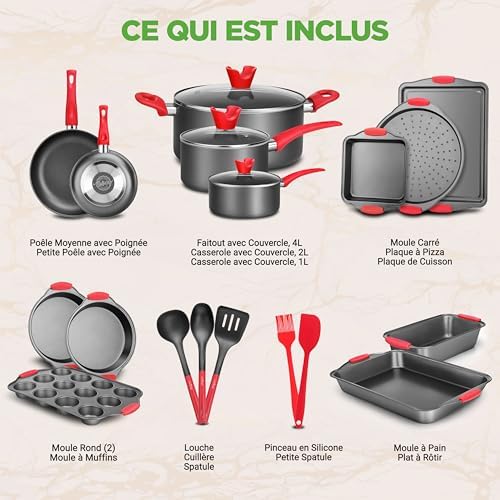 Batterie de Cuisine Antiadhésive 21 Pièces, Revêtement Durable, Poignées Confortables