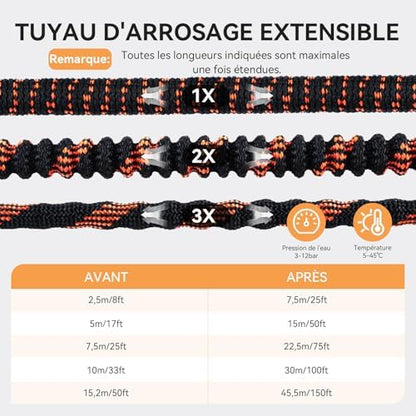 Tuyau Arrosage Extensible 30m/100Ft, 10 Modèles de Pulvérisation, Noir Orange