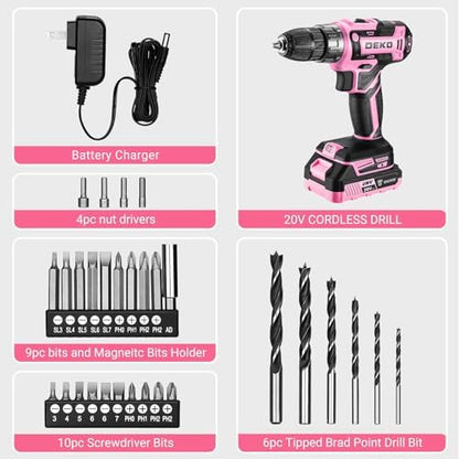 DEKOPRO Perceuse sans Fil 20V, Rose, Compacte et Légère pour Femmes