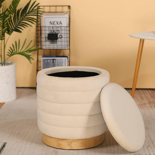 Tabouret Cylindrique - Velours Beige - Espace de Rangement