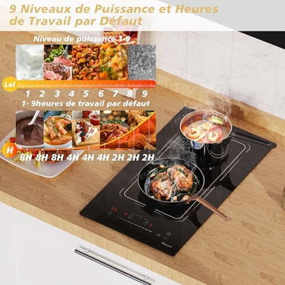 Plaque Induction 2 Feux Encastrable, 30 cm, 9 Niveaux, Fonction Boost, Noir