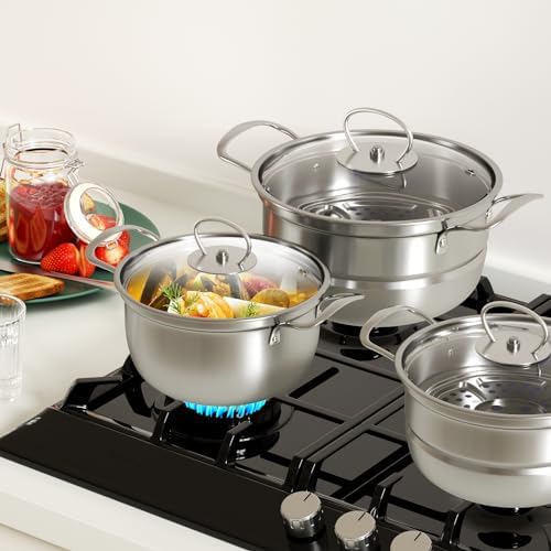 Batterie de Cuisine Induction 12 Pièces, Acier Inoxydable, Argent D