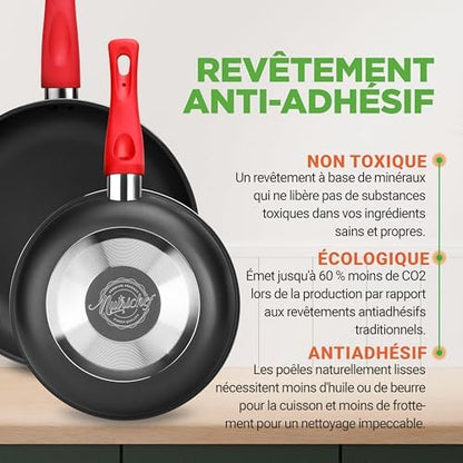 Batterie de Cuisine Antiadhésive 21 Pièces, Revêtement Durable, Poignées Confortables