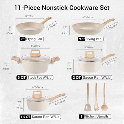 Set de Batterie de Cuisine Antiadhésif en Céramique, Crème, 11 Pièces