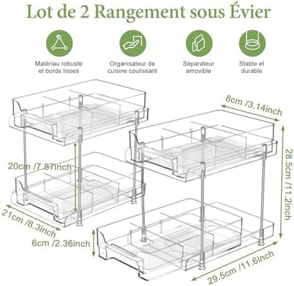 Organisateur sous évier à 2 niveaux avec tiroir, Transparent, 29x21x21 cm