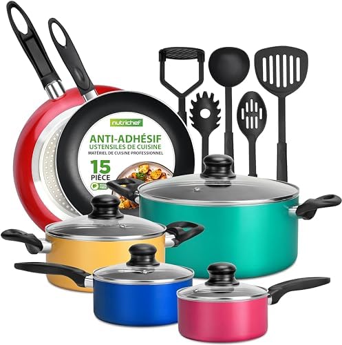 Batterie de Cuisine Antiadhésive 15 Pièces, Revêtement Résistant, Couleurs Variées