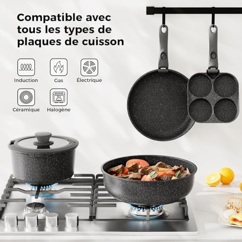 Batterie de Cuisine Antiadhésive 20 Pièces, Poignées Amovibles, Blanc