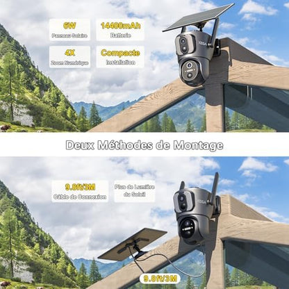 Caméra Solaire 4G LTE Double Objectif, Surveillance Extérieure 2K HD, Gris