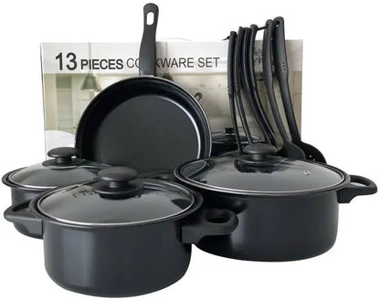 Batterie de Cuisine Antiadhésive 13 Pièces, Acier au Carbone, Noir