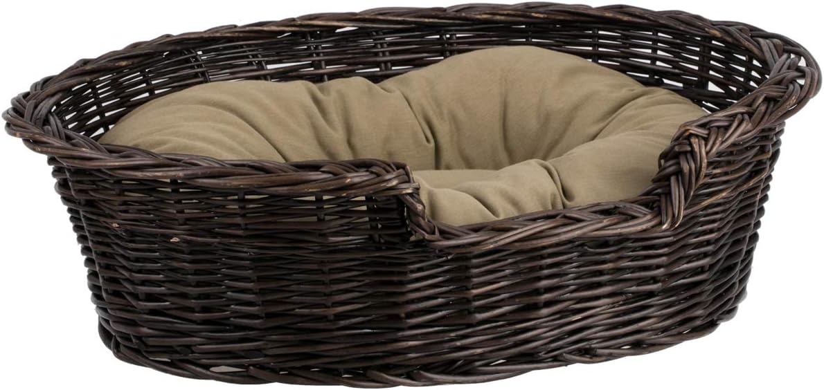 Panier Ovale pour Animaux - Osier Brun-Gris - Coussin Beige Doublé