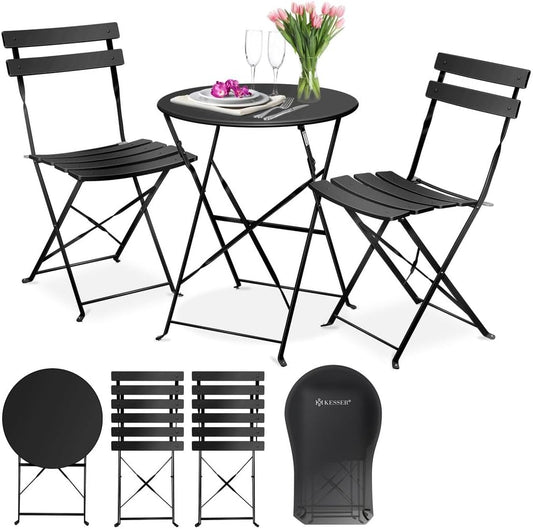 Ensemble Bistro en Métal - Table Ronde - Chaises Pliantes Noires