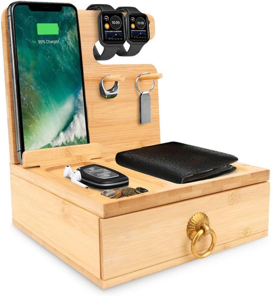Support de Téléphone en Bambou - Tiroir Intégré - Design Compact
