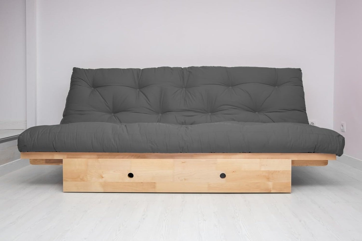 Canapé-lit Futon Yokahoma - Bois Massif Naturel - Futon Coton Gris