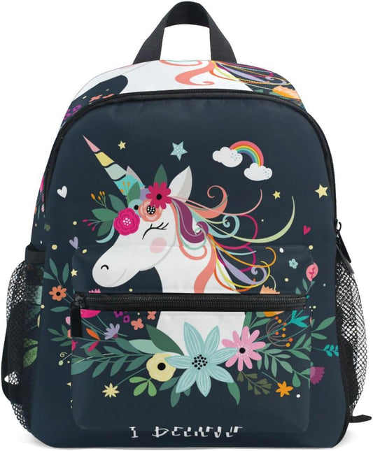 Sac à Dos Licorne Enfant - Motif Floral - Avec Sangle de Poitrine