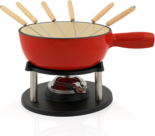 Service à Fondue en Fonte - 6 Personnes - Émaillé Rouge/Crème