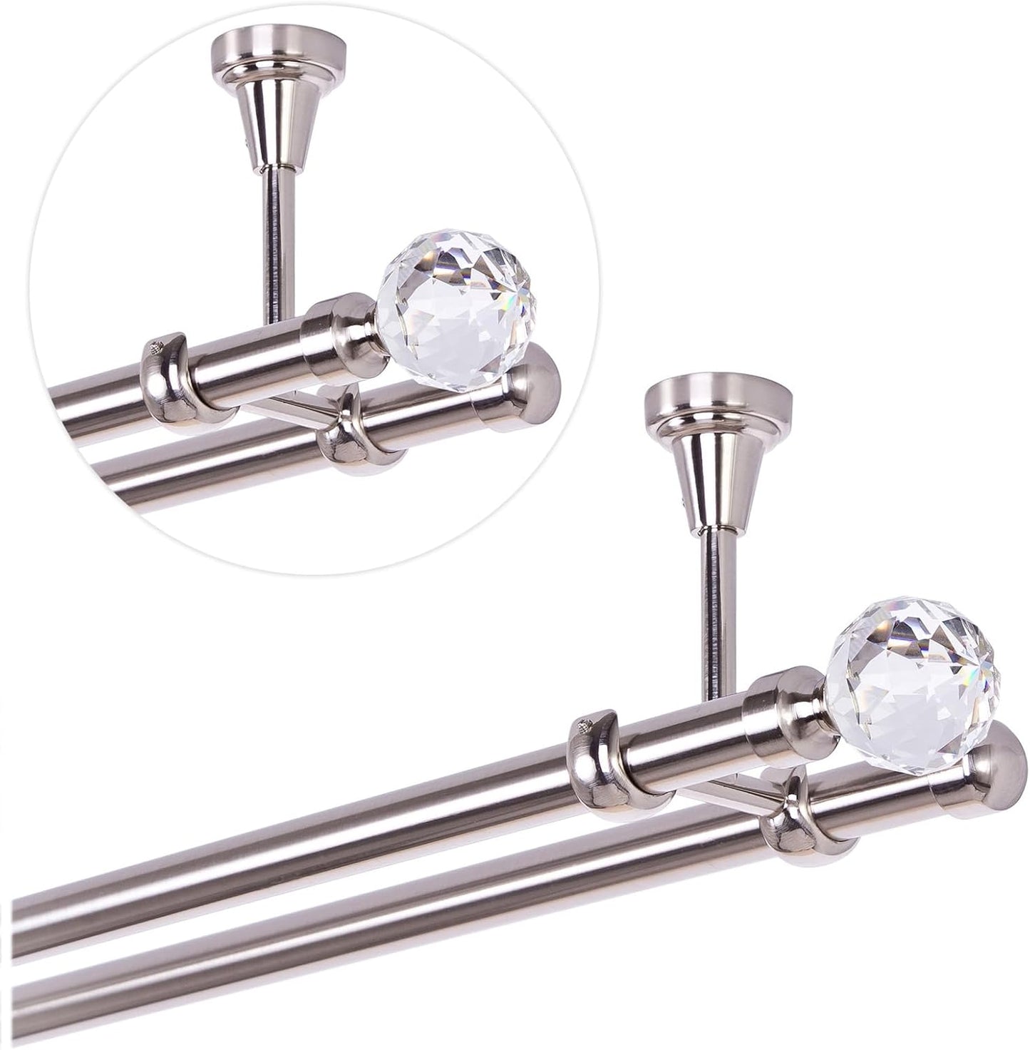Tringle à Rideau Double - Aspect Acier Inoxydable - Boule de Cristal