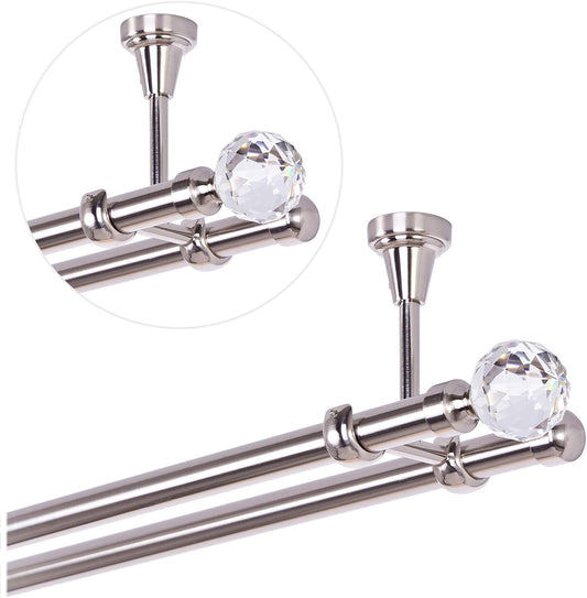 Tringle à Rideau Double - Aspect Acier Inoxydable - Boule de Cristal