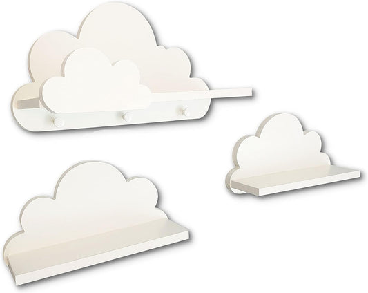 Étagères Murales Nuage - Décoration Chambre Enfant - Lot de 3 avec Porte-Manteau