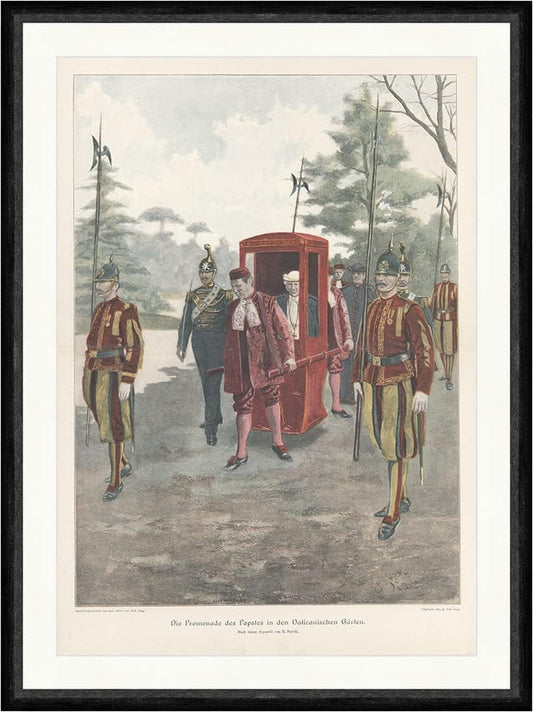 Gravure Antique - Promenade du Pape - Garde Suisse Colorée