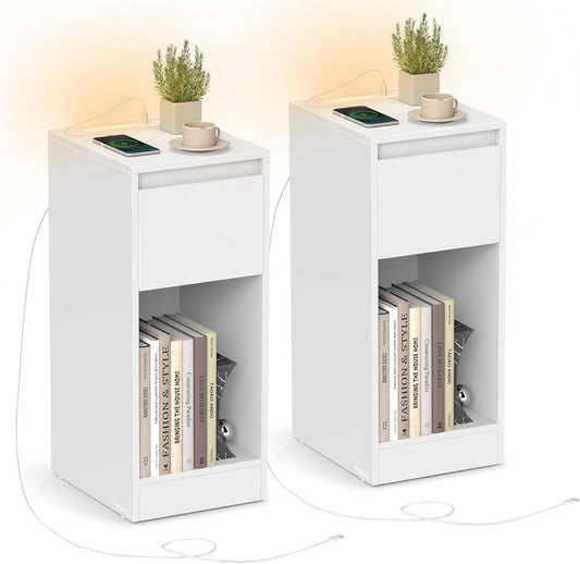 Table de Chevet Étroite - Éclairage LED - Ports USB-A et USB-C