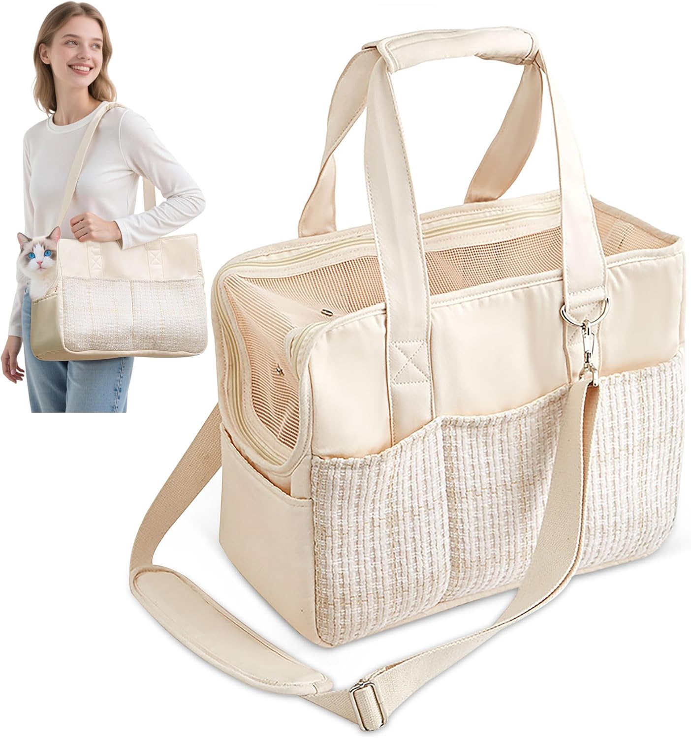 Sac de Transport pour Animaux - Pliable et Sécurisé - Beige Élégant