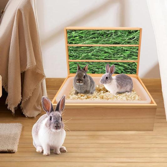 Râtelier à Foin en Bois - Bac à Litière Amovible - Support pour Petits Animaux