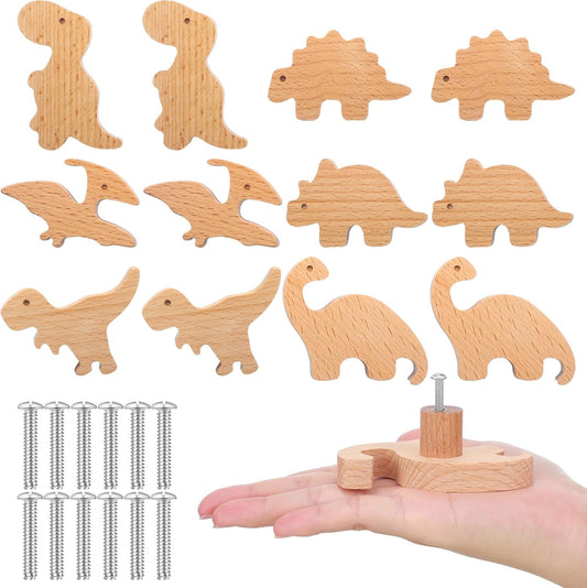 Boutons d'Armoire en Bois - Design Dinosaure - Lot de 12 avec Vis
