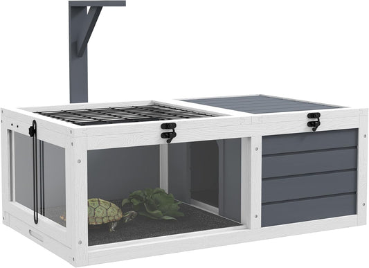 Maison enclos pour Tortue - Double Espace - Bois Massif Gris