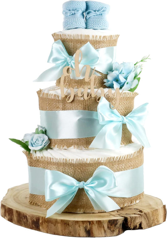 Gâteau de Couches - All Jute Bleu - 3 Étages avec Fleurs en Soie