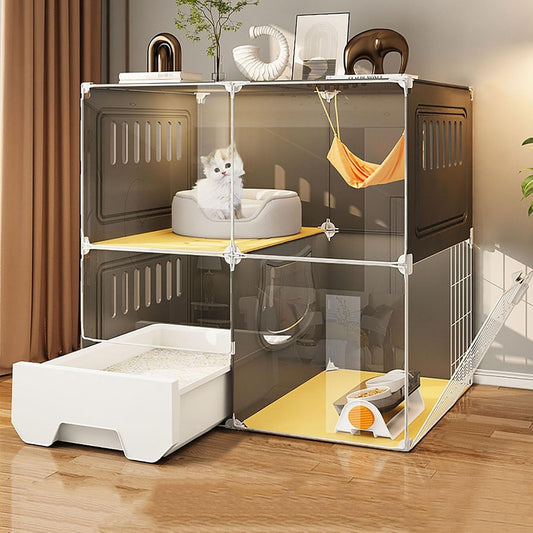 Cage pour Chats d'Intérieur - Porte Transparente - Nettoyage Facile