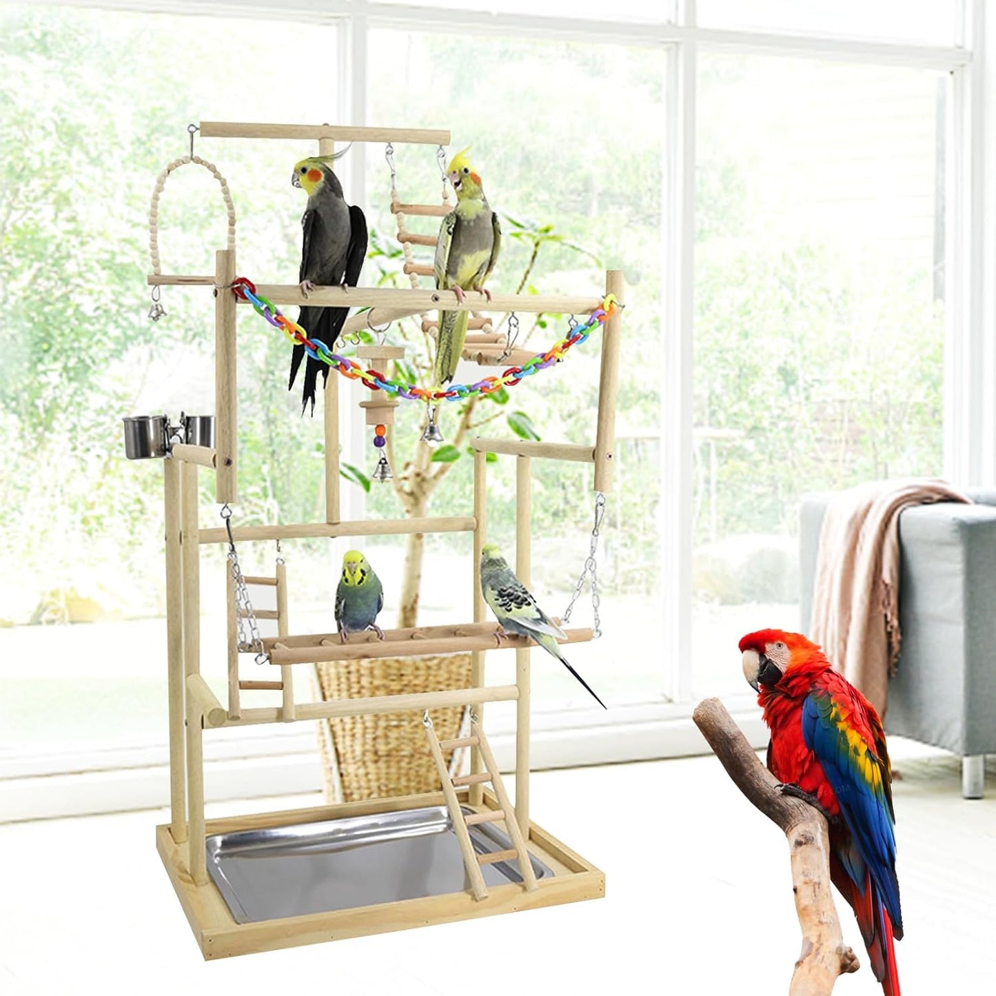 Aire de Jeux pour Oiseaux - 4 Couches - Perchoir en Bois