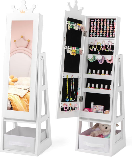 Armoire à Bijoux Enfants - Miroir Pleine Longueur - Motif Couronne