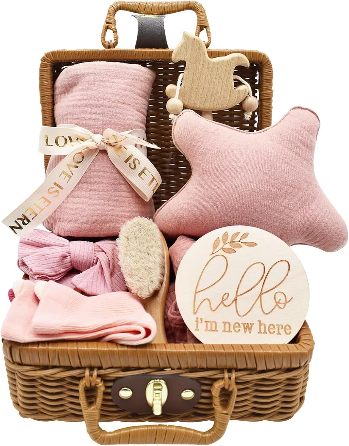 Coffret Naissance Bébé - 8 Pièces - Couverture et Hochet en Bois