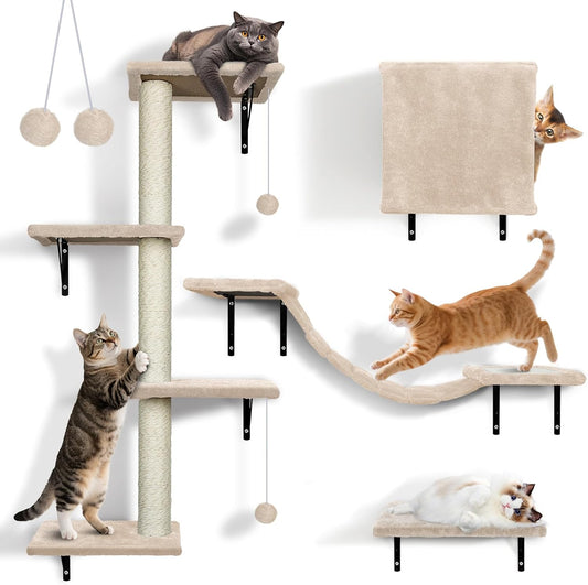 Étagères Murales pour Chat - Ensemble 4 en 1 - Griffoir et Balle Inclus