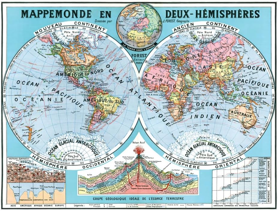 Affiche Décorative - MappeMonde Deux Hémisphères - 130 x 100 cm