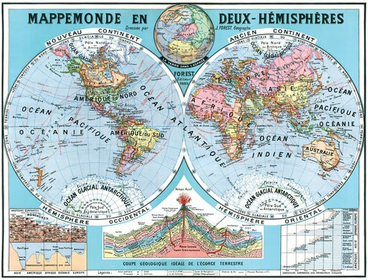 Affiche Décorative - MappeMonde Deux Hémisphères - 130 x 100 cm