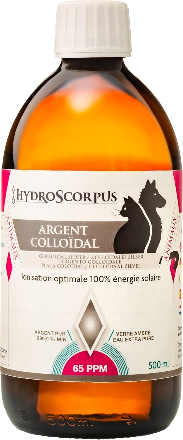 Argent Colloïdal pour Chiens et Chats - 65PPM - Bouteille en Verre 500ml