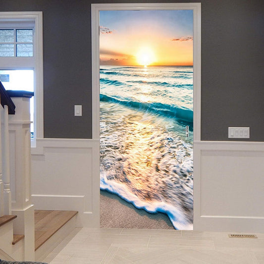 Sticker Porte 3D - Coucher De Soleil Océan - Vinyle Amovible