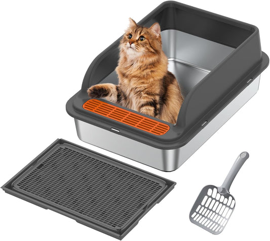 Bac à Litière pour Chat - Acier Inoxydable - Anti-éclaboussures