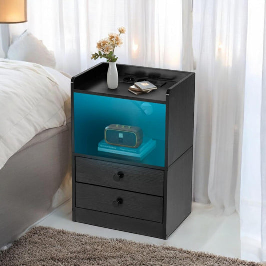 Table de Nuit - LED Multicolore - Rangement Deux Tiroirs