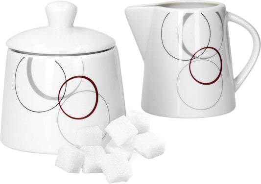 Ensemble Sucrier et Crémier - Motifs Cercles Gris et Bordeaux - Porcelaine Supérieure