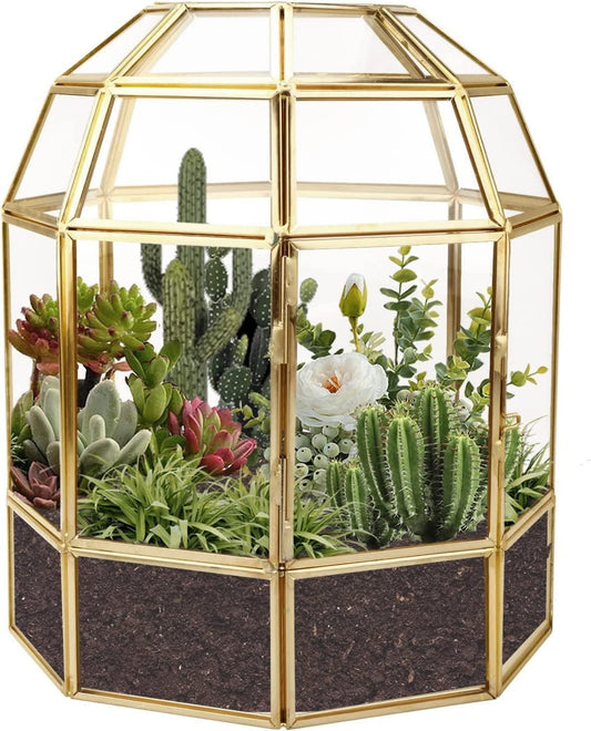 Terrarium en Verre - Forme de Maison - Cadre en Cuivre
